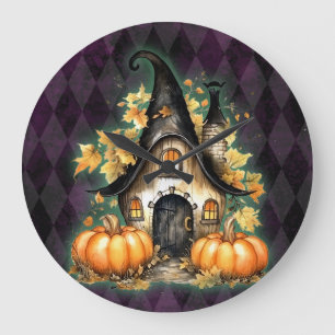 Halloween Gothic Fall Fairy Cottage Purple Argyle  Large Clock