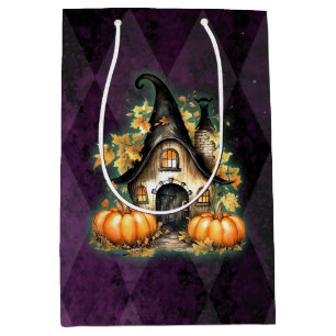 Halloween Gothic Fall Fairy Cottage Purple Argyle  Medium Gift Bag