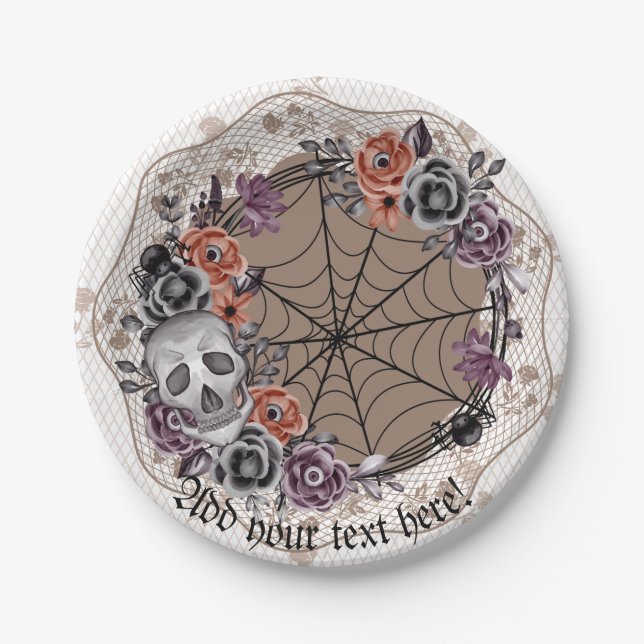Halloween Gothic Inspired Floral Skull Lace Paper Plate (Front)