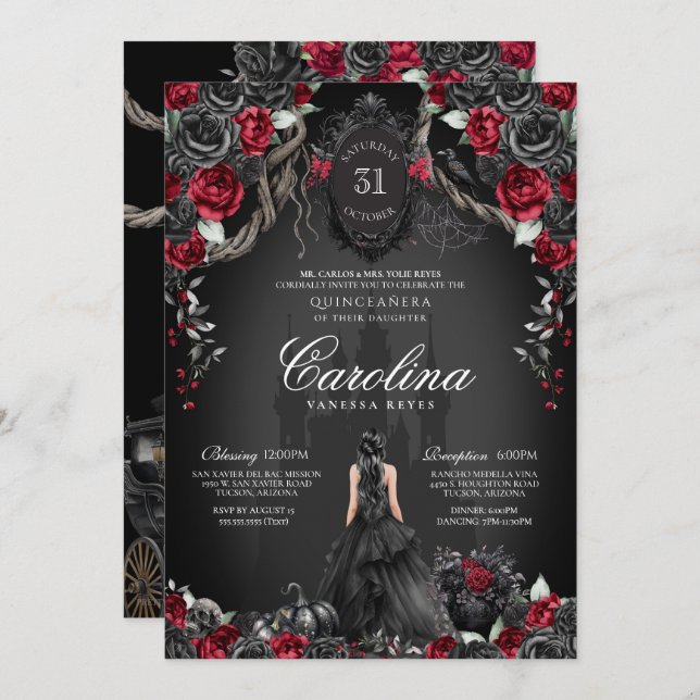 Halloween Gothic Princess Red & Black Quinceanera Invitation (Front/Back)