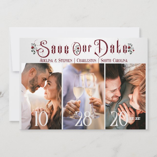 Halloween Gothic Script Roses Three Photo Wedding  Save The Date (Front)