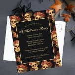 Halloween Gothic Skull Black Party Invitation Postcard<br><div class="desc">This gothic Halloween invitation postcard features a pattern of creepy skulls floating in a black abyss behind your invite. Each spooky skull is adorned with red roses. Their empty soulless eyes are contrasted sharply against the goth rose crown and bouquets of dead flowers.</div>