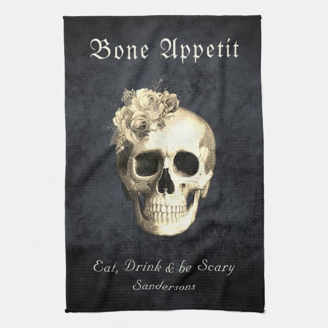 Halloween Gothic Skull White Roses Personalised  Tea Towel (Vertical)