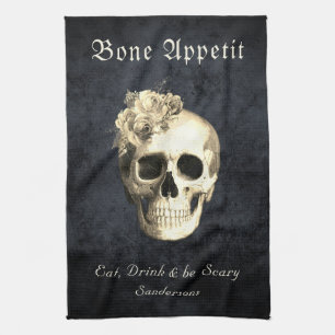 Halloween Gothic Skull White Roses Personalized  Tea Towel