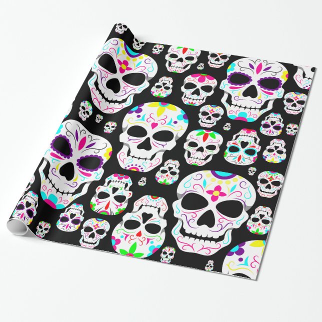 halloween gothic sugar skulls black wrapping paper (Unrolled)