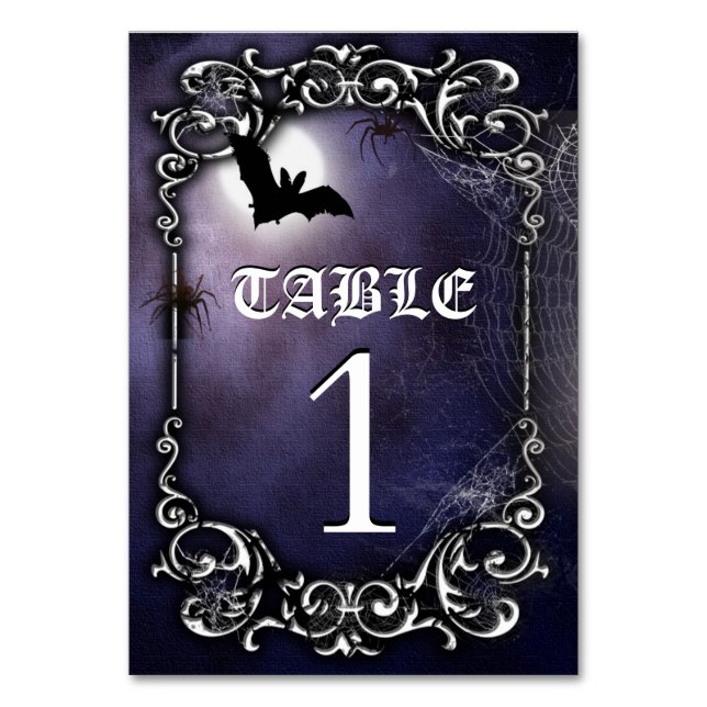 Halloween gothic theme with bats and a full moon table number (Back)