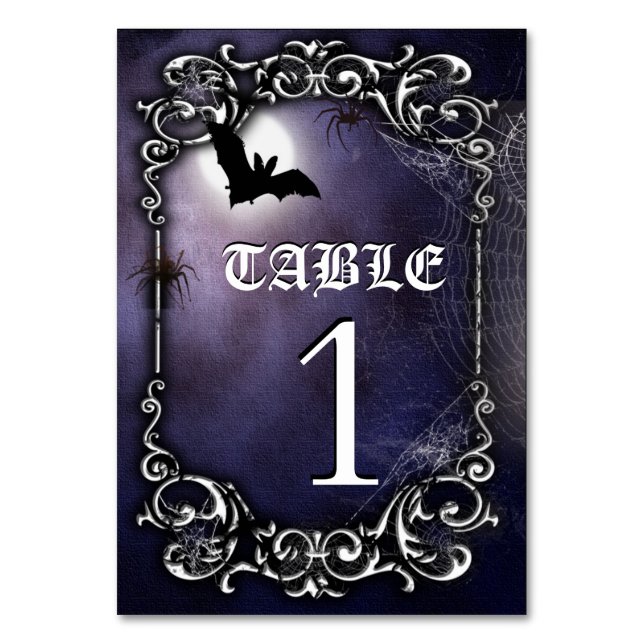 Halloween gothic theme with bats and a full moon table number (Front)