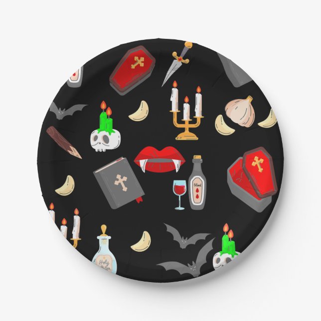 halloween gothic vampire hunter garlic dagger fang paper plate (Front)