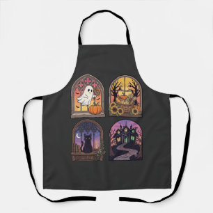 Halloween Gothic Window Ghost Pumpkin Black Cat Ha Apron