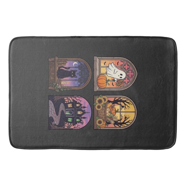 Halloween Gothic Window Ghost Pumpkin Black Cat Ha Bath Mat (Front)