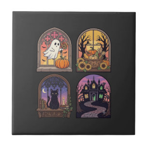 Halloween Gothic Window Ghost Pumpkin Black Cat Ha Ceramic Tile