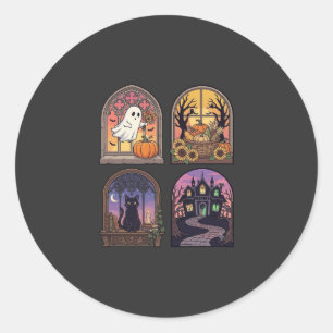 Halloween Gothic Window Ghost Pumpkin Black Cat Ha Classic Round Sticker