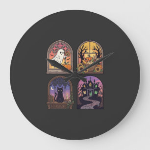 Halloween Gothic Window Ghost Pumpkin Black Cat Ha Large Clock