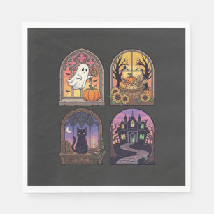 Halloween Gothic Window Ghost Pumpkin Black Cat Ha Napkin