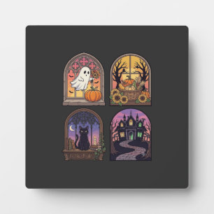 Halloween Gothic Window Ghost Pumpkin Black Cat Ha Plaque