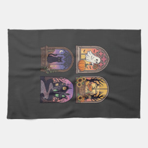 Halloween Gothic Window Ghost Pumpkin Black Cat Ha Tea Towel
