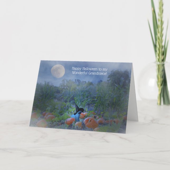 Halloween Grandniece Cute Kitty in a Pumpkin Patch Card (Front)