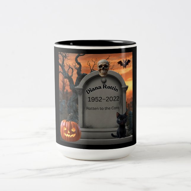 Halloween gravestone humour “Diana Rottin” Two-Tone Coffee Mug (Center)