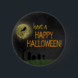 Halloween - Graveyard Crow and Moon 6 Cm Round Badge<br><div class="desc">This spooky, creepy Halloween / autumn button shows a black crow or raven silhouette, perched in a dark, dead leafless tree in front of the full moon in the fog. A graveyard / cemetery lies below. The orange, cracked text says "have a HAPPY HALLOWEEN!" but is customisable in this easy...</div>