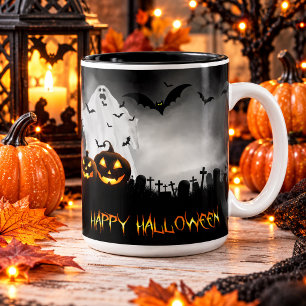 Halloween Graveyard, Ghost Jack-o-lanterns and Bat Mug