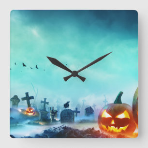Halloween Graveyard Jack-O-Latern Square Wall Clock