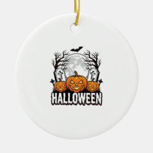 Halloween Graveyard Pumpkin Vintage Engraving Desi Ceramic Ornament