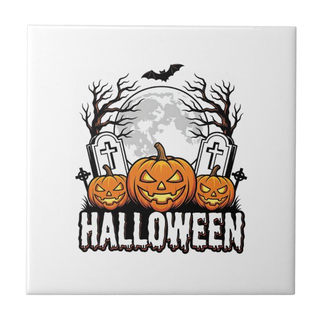 Halloween Graveyard Pumpkin Vintage Engraving Desi Ceramic Tile (Front)