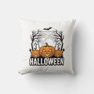 Halloween Graveyard Pumpkin Vintage Engraving Desi Cushion