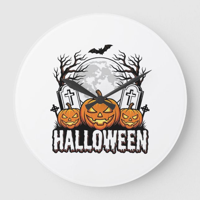 Halloween Graveyard Pumpkin Vintage Engraving Desi Large Clock (Front)