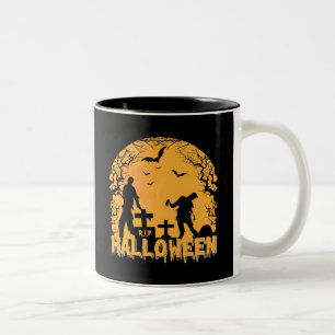 Halloween Graveyard Scene with Zombies, Bats  Two-Tone Coffee Mug