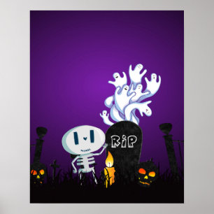 Halloween Graveyard Spooky Cute Skeleton & Ghosts Poster