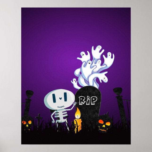 Halloween Graveyard Spooky Cute Skeleton & Ghosts Poster (Front)