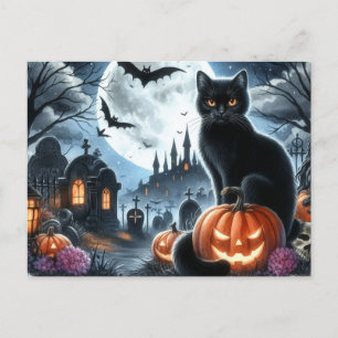 Halloween Graveyard with Black Cat Postcard