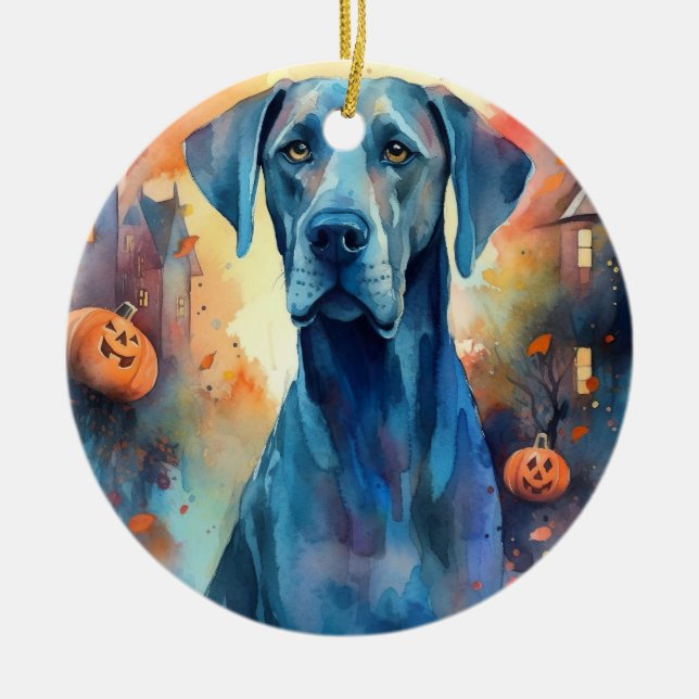 Halloween Great Dane With Pumpkins Scary Ceramic Ornament (Front)