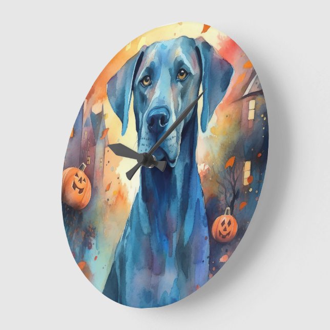 Halloween Great Dane With Pumpkins Scary Large Clock (Angle)