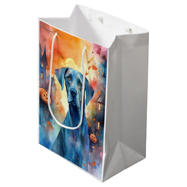 Halloween Great Dane With Pumpkins Scary Medium Gift Bag (Front Angled)