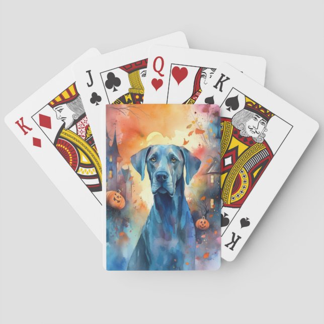 Halloween Great Dane With Pumpkins Scary Playing Cards (Back)