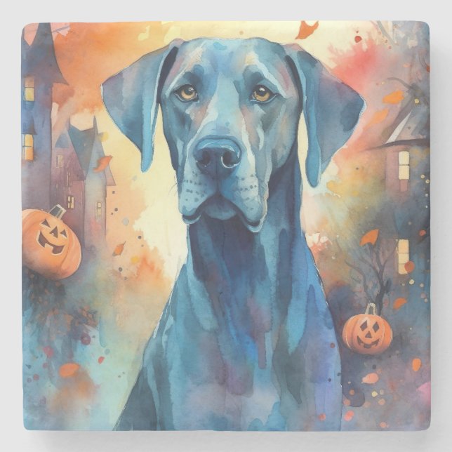 Halloween Great Dane With Pumpkins Scary Stone Coaster (Front)