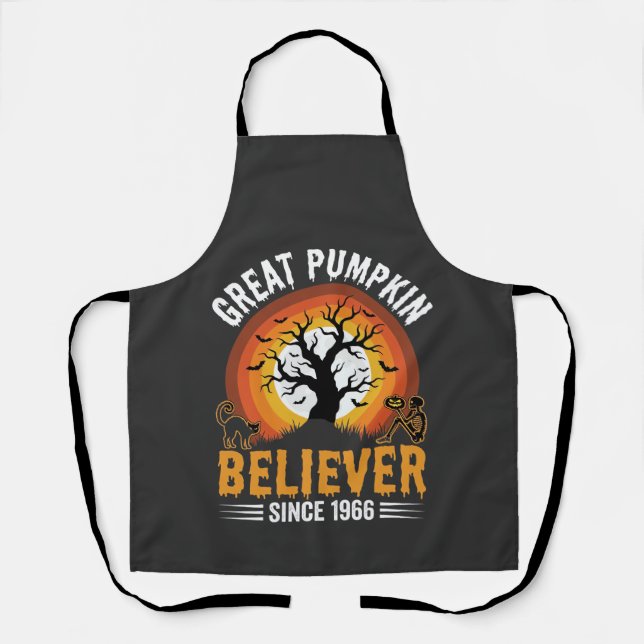 Halloween Great Pumpkin Believer Retro Skeleton Apron (Front)