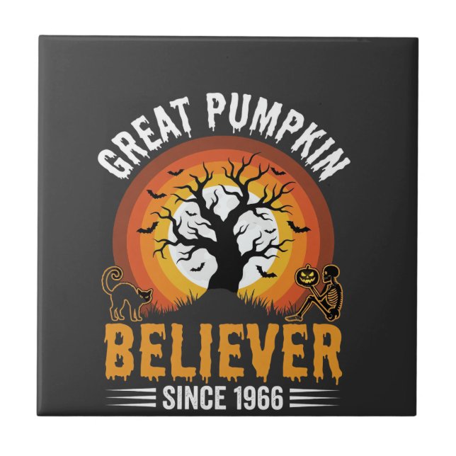 Halloween Great Pumpkin Believer Retro Skeleton Ceramic Tile (Front)
