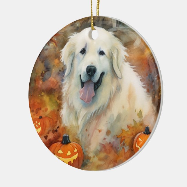 Halloween Great Pyrenees With Pumpkins Scary Ceramic Ornament (Left)