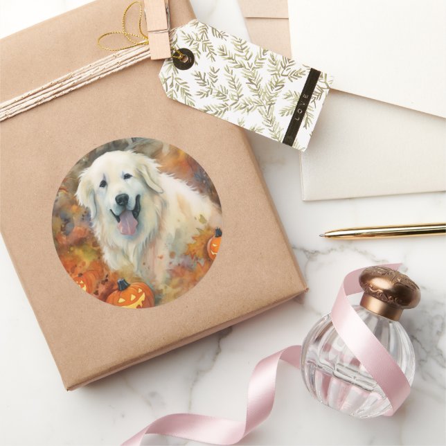 Halloween Great Pyrenees With Pumpkins Scary Classic Round Sticker (Gifting)