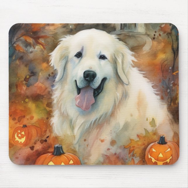 Halloween Great Pyrenees With Pumpkins Scary Mouse Pad (Front)