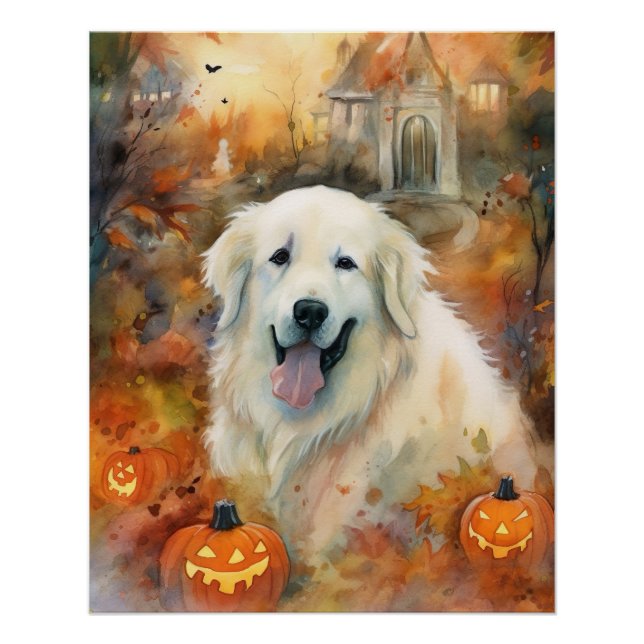 Halloween Great Pyrenees With Pumpkins Scary Poster (Front)