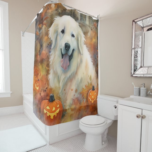 Halloween Great Pyrenees With Pumpkins Scary Shower Curtain (In Situ)