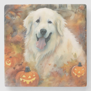 Halloween Great Pyrenees With Pumpkins Scary Stone Coaster