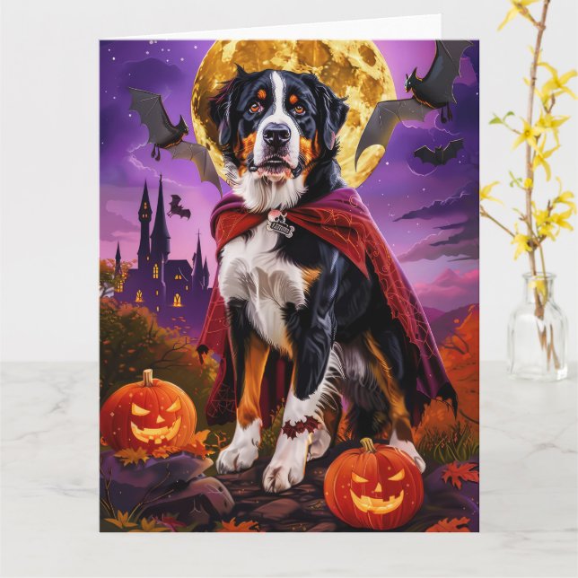 Halloween Greater Swiss Mountain Vampire Pumpkins Card (Yellow Flower)