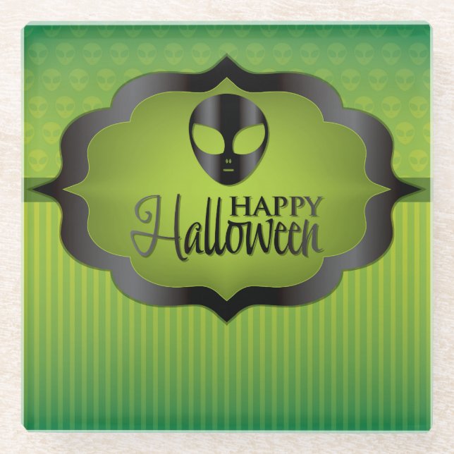 Halloween green alien glass coaster (Front)