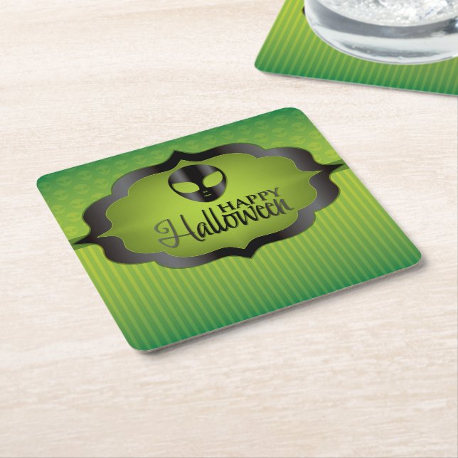 Halloween green alien square paper coaster (Angled)