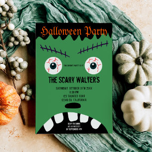 Halloween green monster eyeball face party invitation
